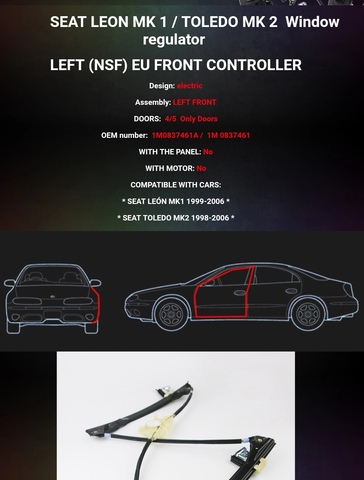 seat Leon 1m1 SEAT Toledo II 1m2 puerta trasera izquierda Elevalunas reparac