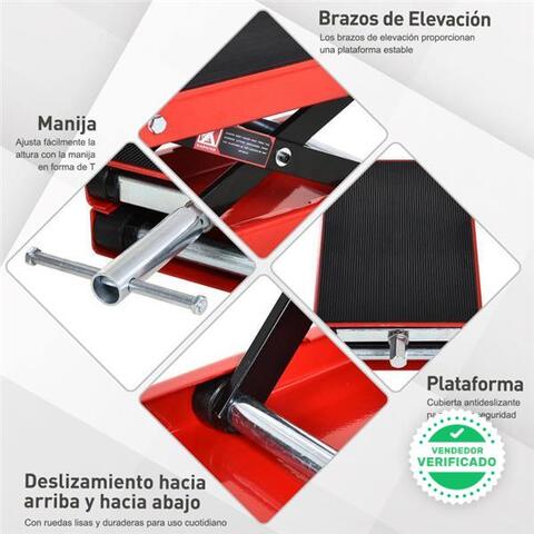 DURHAND Plataforma Elevadora de Tijera con Soporte para Motocicletas con Altura Ajustable Carga 500 kg 41,5x23,5x10-37 cm Negro y Rojo